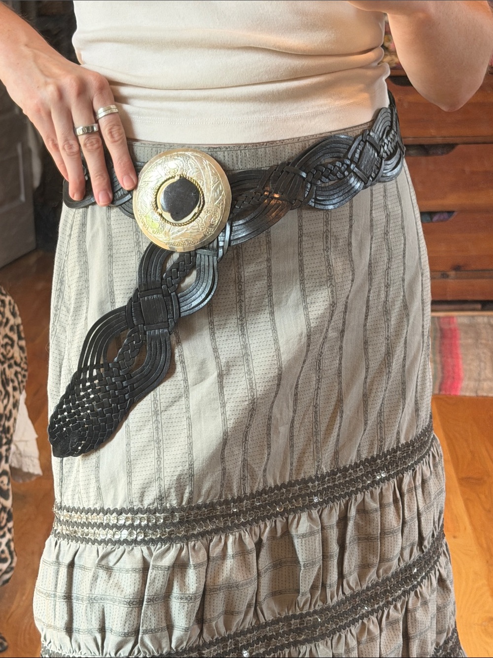 Vintage Woven Leather Moroccan Circle Buckle Belt in Black